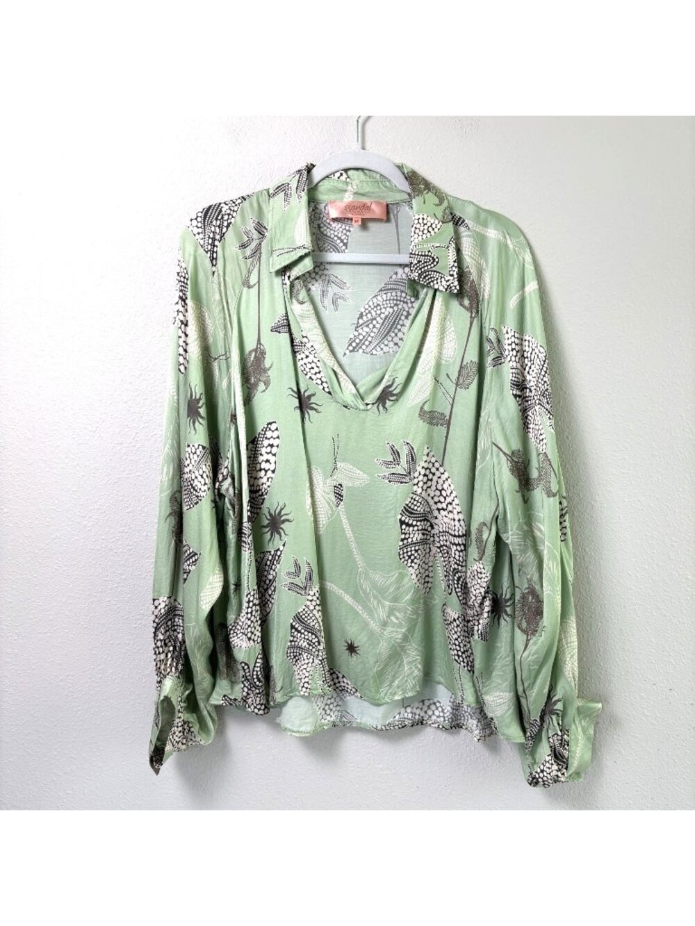 Scandal Italy Ibiza Silky Blouse Size M Sage Green Collared V Neck Flowy Top